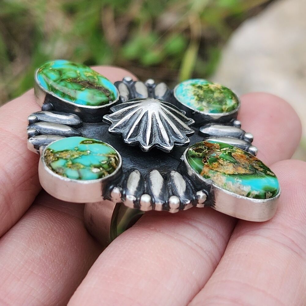 Sonoran Gold Turquoise Concho Ring Navajo Handmade Signed - Picture 4 of 7